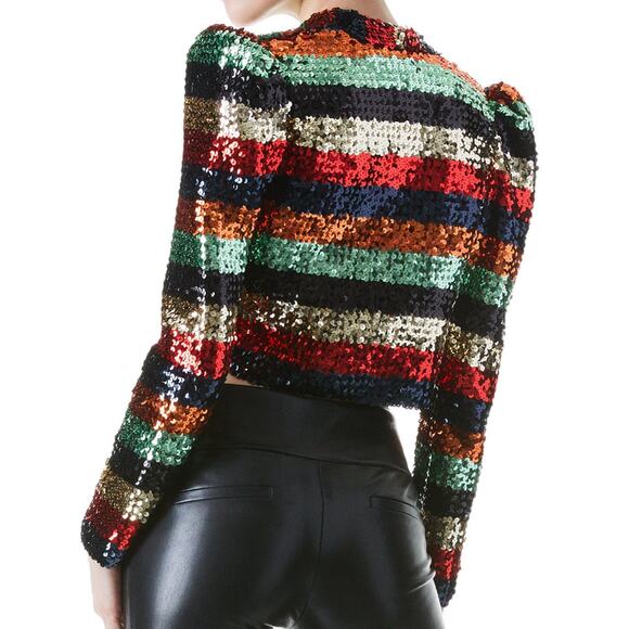 Alice + Olivia Sequin Stripe Sherryl Cropped Cardigan Size M Open Front Sparkle - Picture 2 of 12